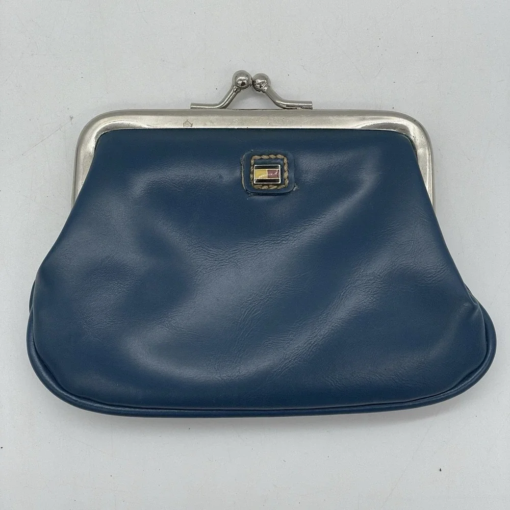 Vintage Tommy Hilfiger Coin Purse‎ Blue Kisslock Silver Closure